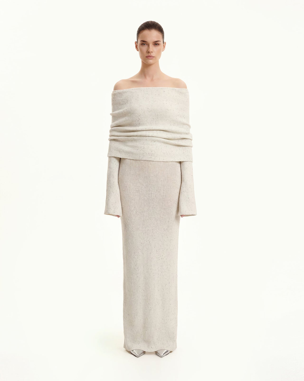 니트 오프숄더 맥시 드레스 - 크림