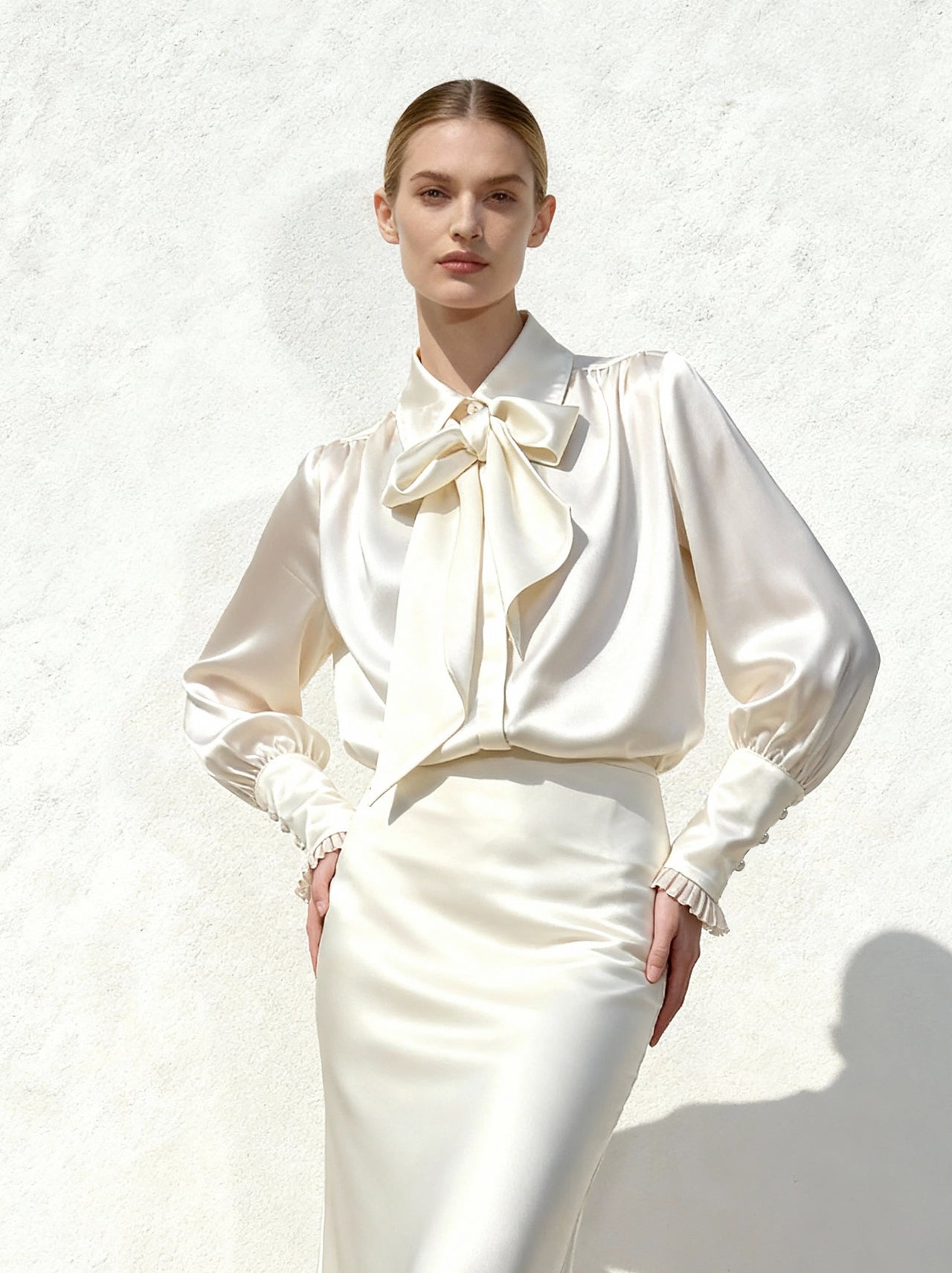 리본 타이 벌룬 소매 블라우스 - 화이트