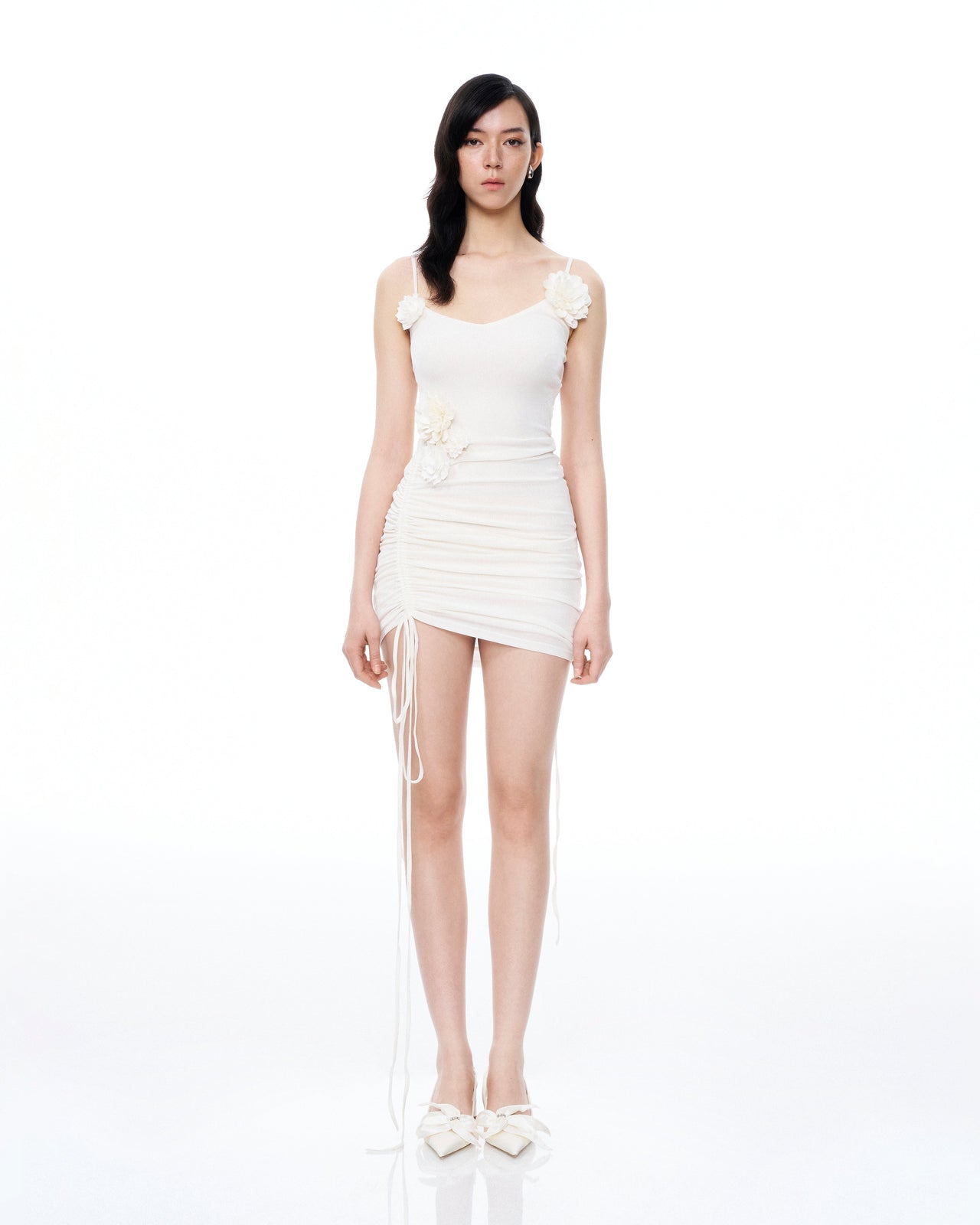 Luciana 3D 플로럴 플리츠 미니 드레스 - 화이트