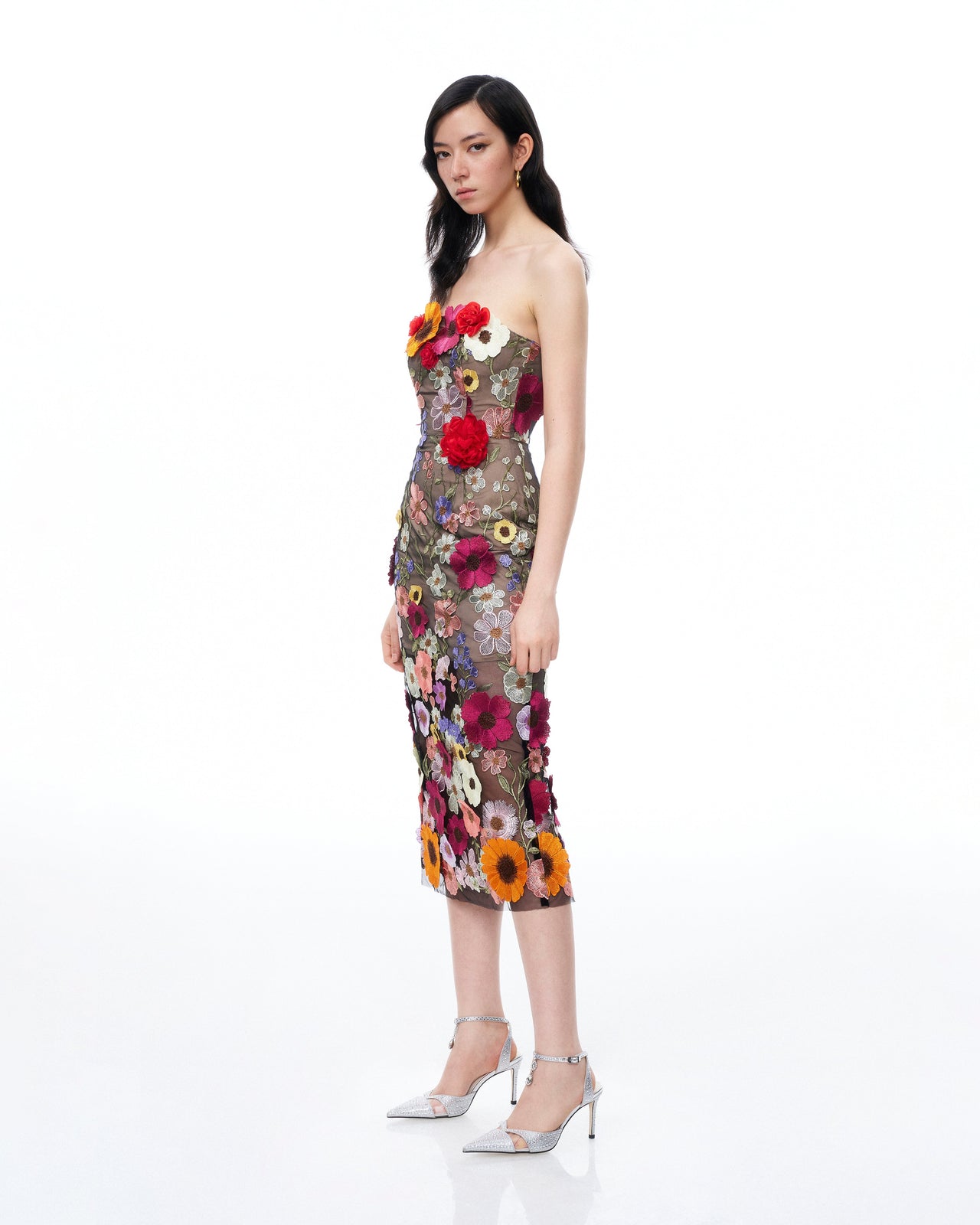 Isolde 3D 플로럴 자수 맥시 드레스 - 블랙 멀티