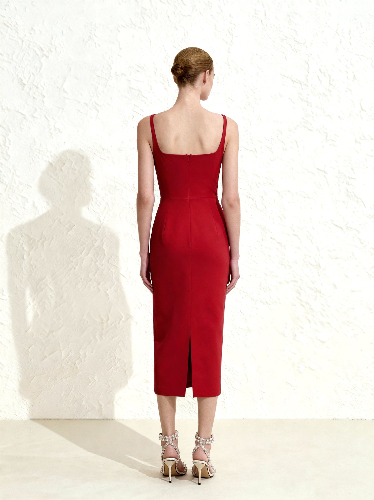 3D 플로럴 아플리케 스퀘어넥 쉬스 미디액시 드레스 - 레드