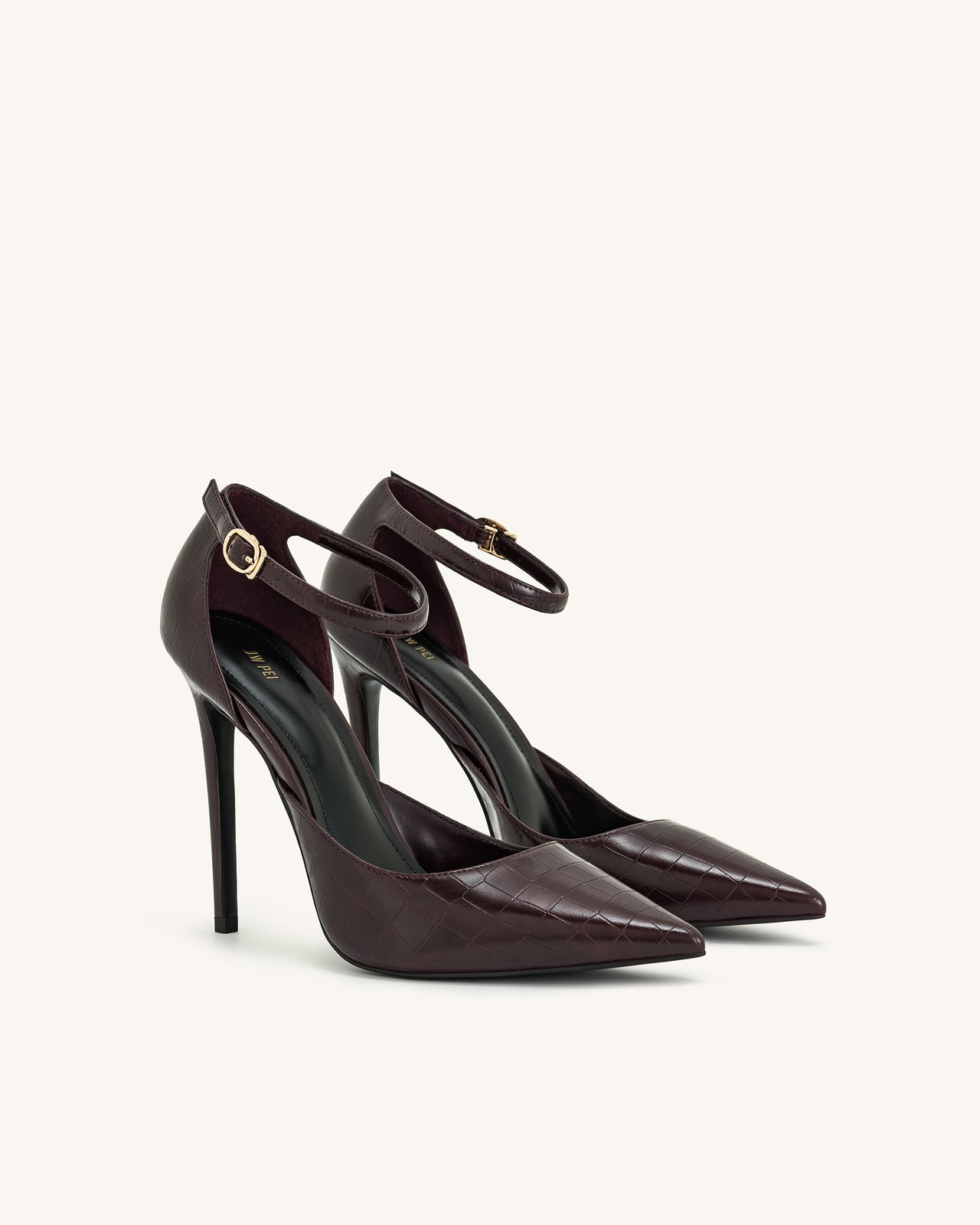 Leah 크로커 엠보 앵클 스트랩 힐 - 버건디