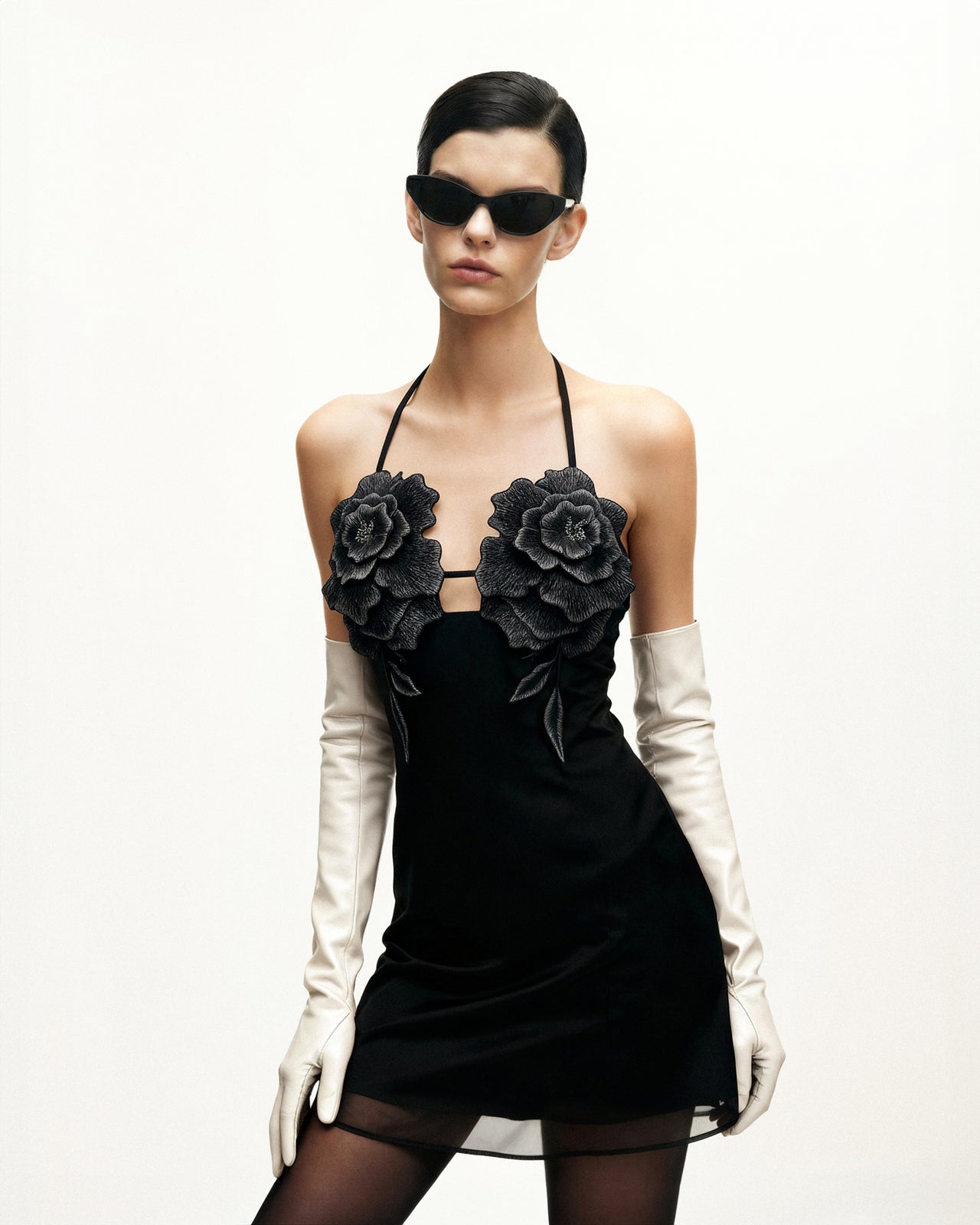 Flower 자수 미니 드레스 - 블랙