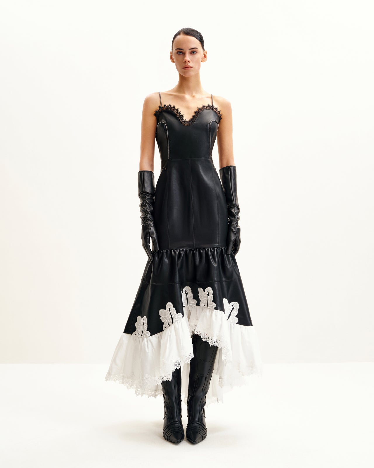 Zora 레이스 트림 가죽 드레스 - 블랙