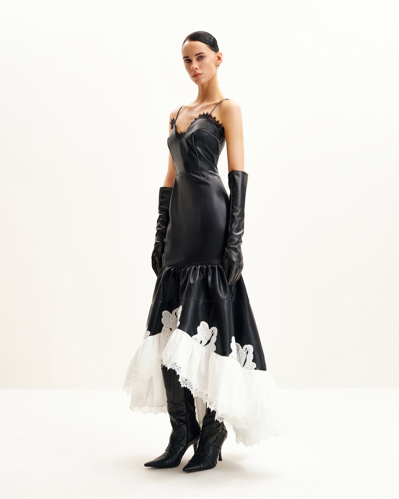 Zora 레이스 트림 가죽 드레스 - 블랙