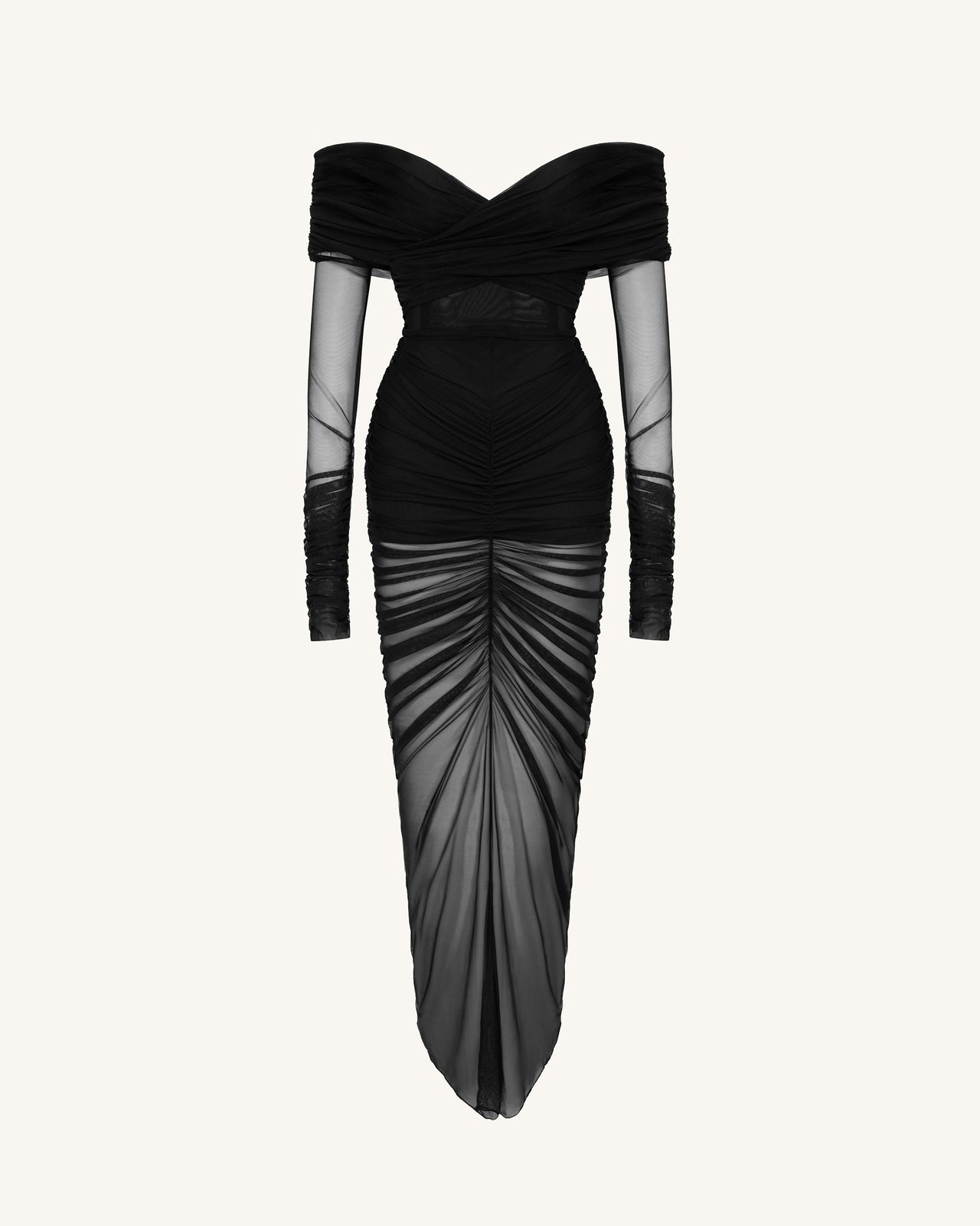 Emily 우아한 오프숄더 주름 드레스 - 블랙