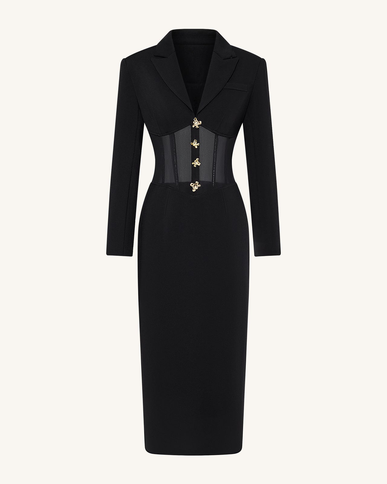 시스루 보닝 코르셋 웨이스트 블레이저 맥시 드레스 - 블랙