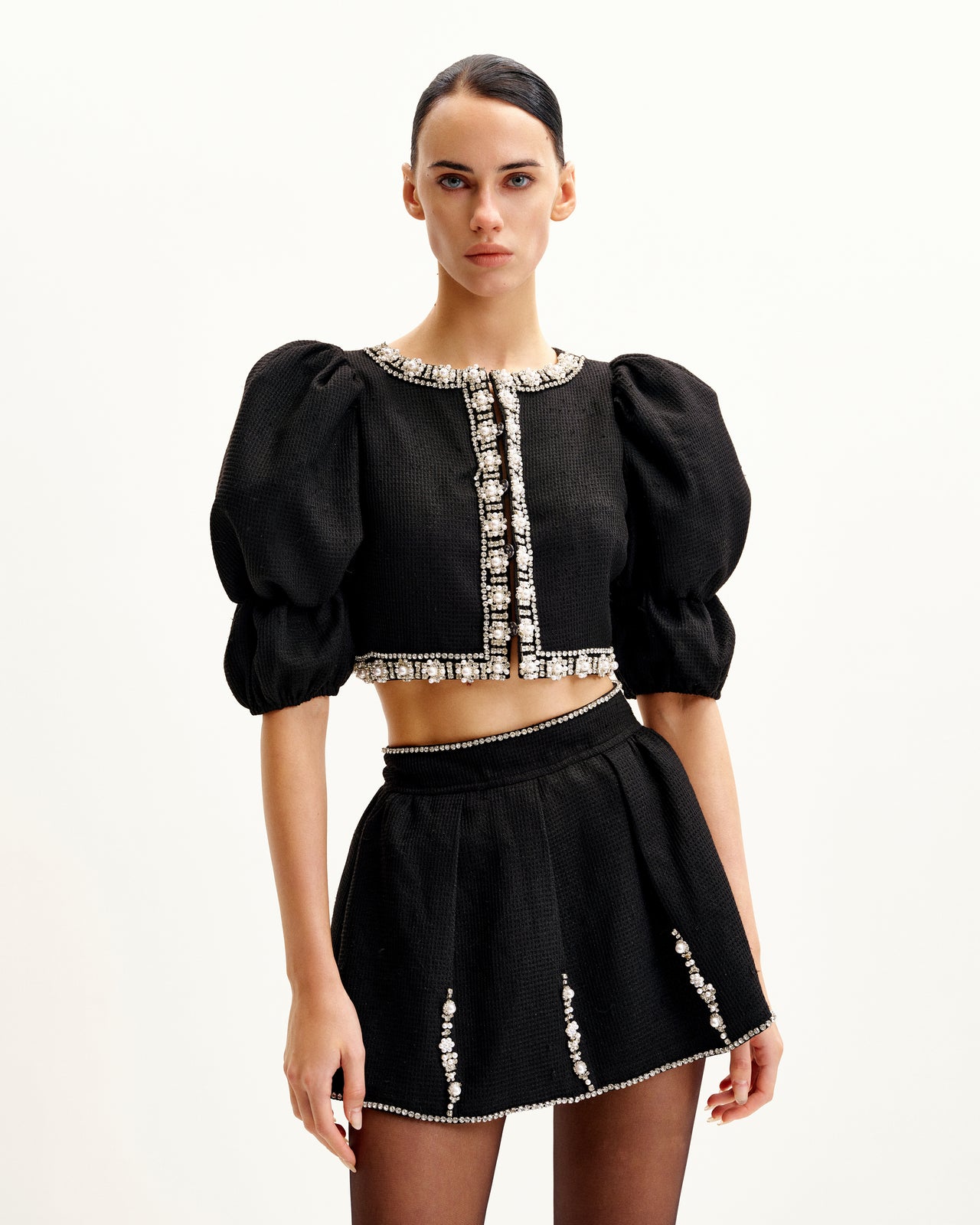 진주 장식 트위드 세트 - 블랙