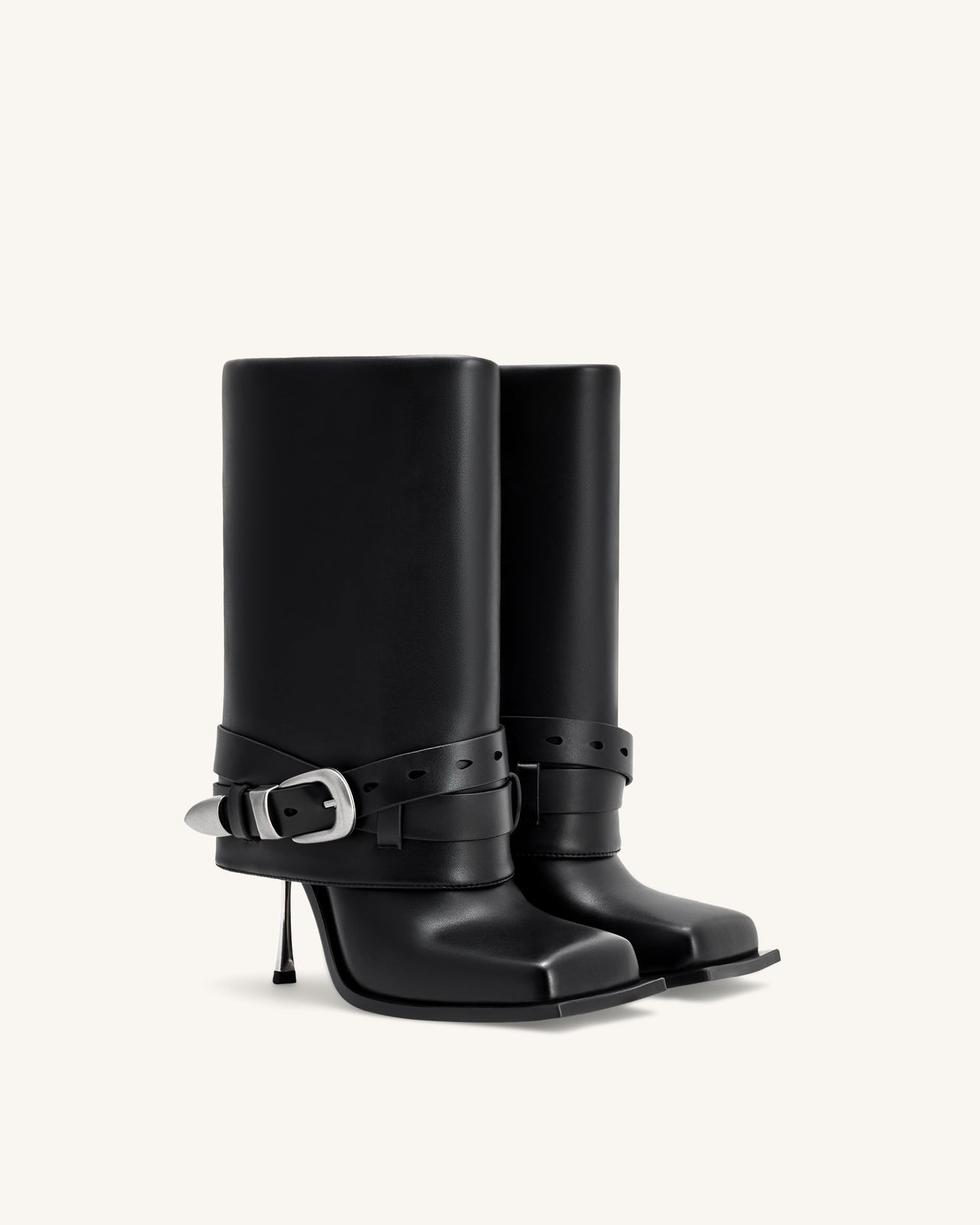 Emilia 웨스턴 버클 가죽 스틸레토 부츠 - 블랙