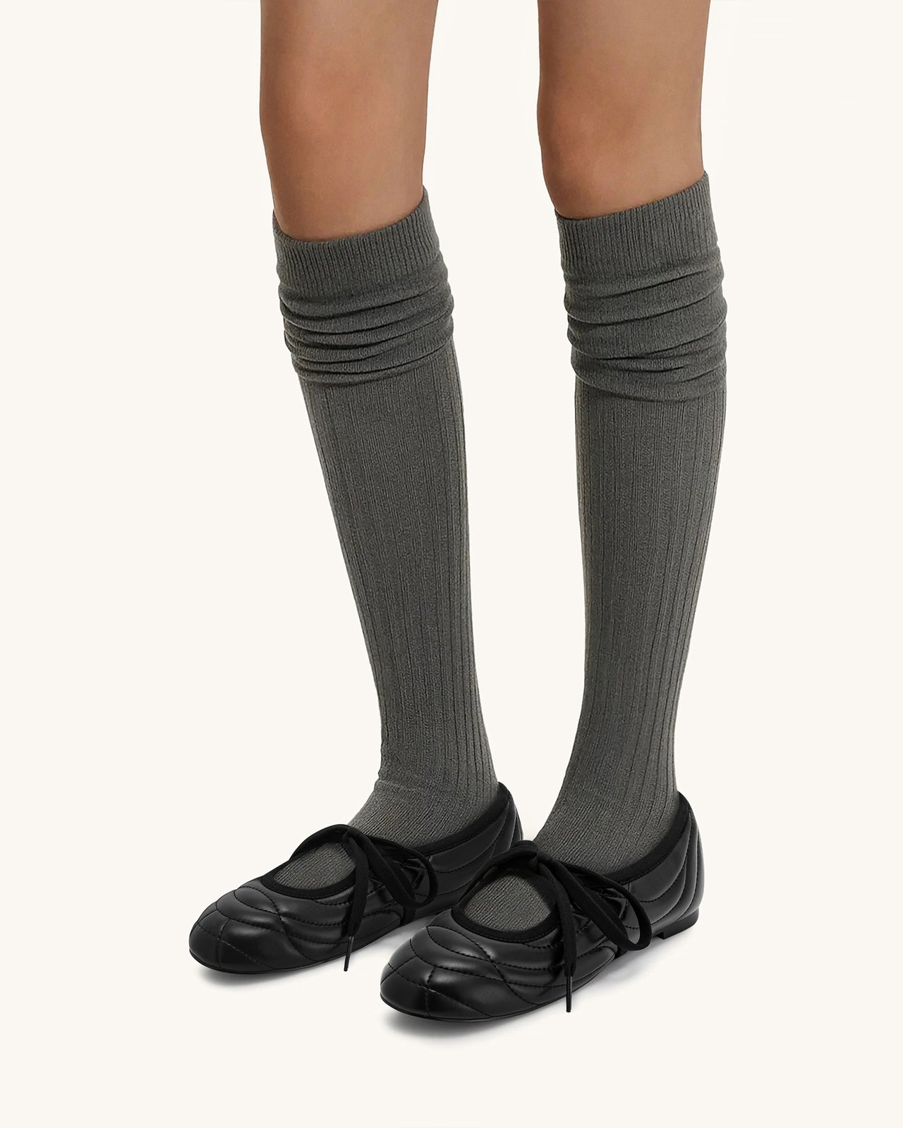 Erika 탑스티칭 레이스업 발레 플랫 - 블랙