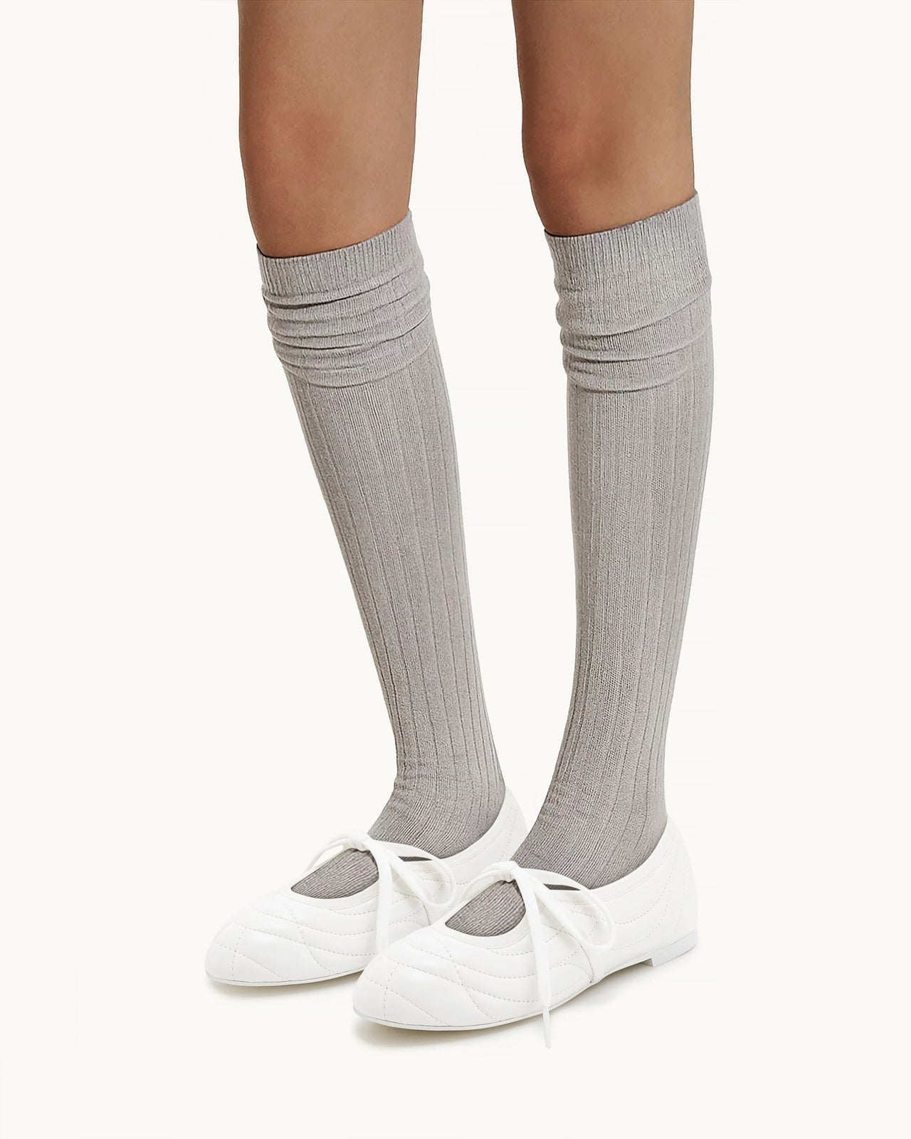 Erika 탑스티칭 레이스업 발레 플랫 - 화이트