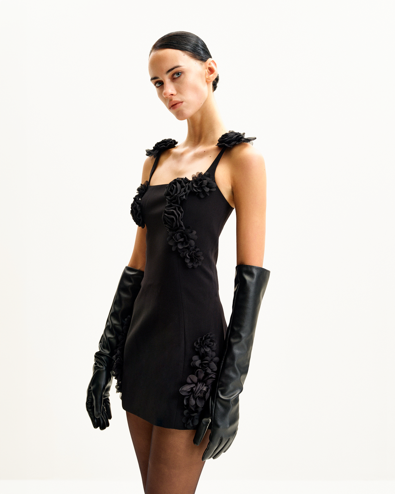 Elaina 블랙 로젯 애플리케 미니 드레스 - 블랙