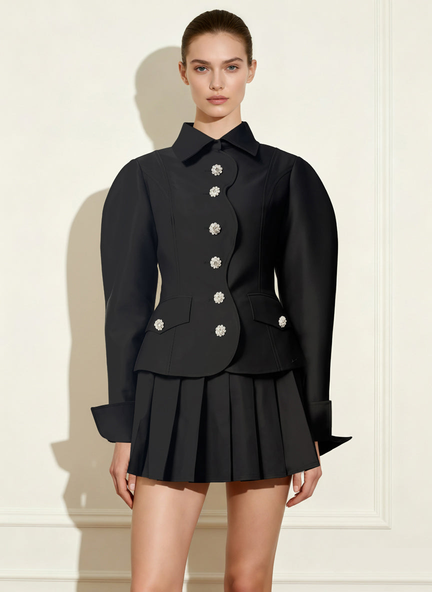 스캘럽 플래킷 레그 오브 머튼 블레이저 - 블랙