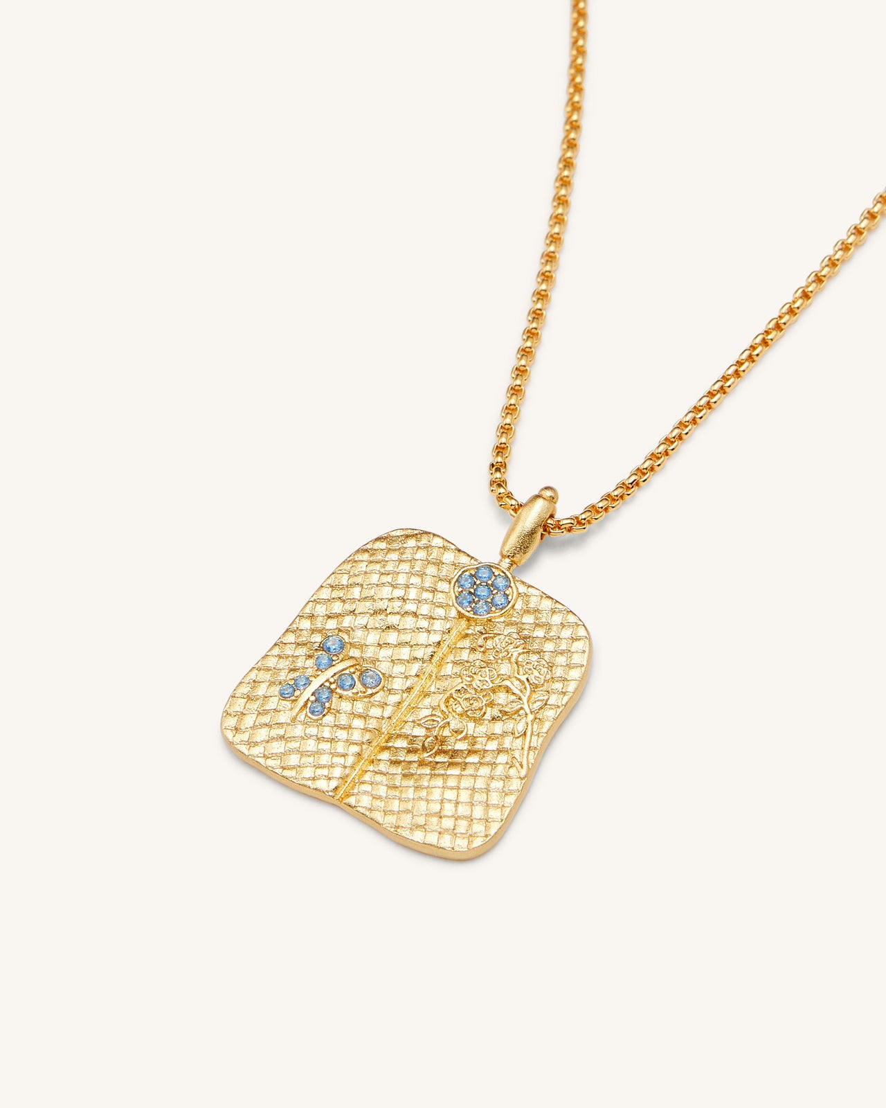 플랜테인 팬 펜던트 네크리스 - 18ct 금도금 & 바다색 지르콘 & 그린 나노