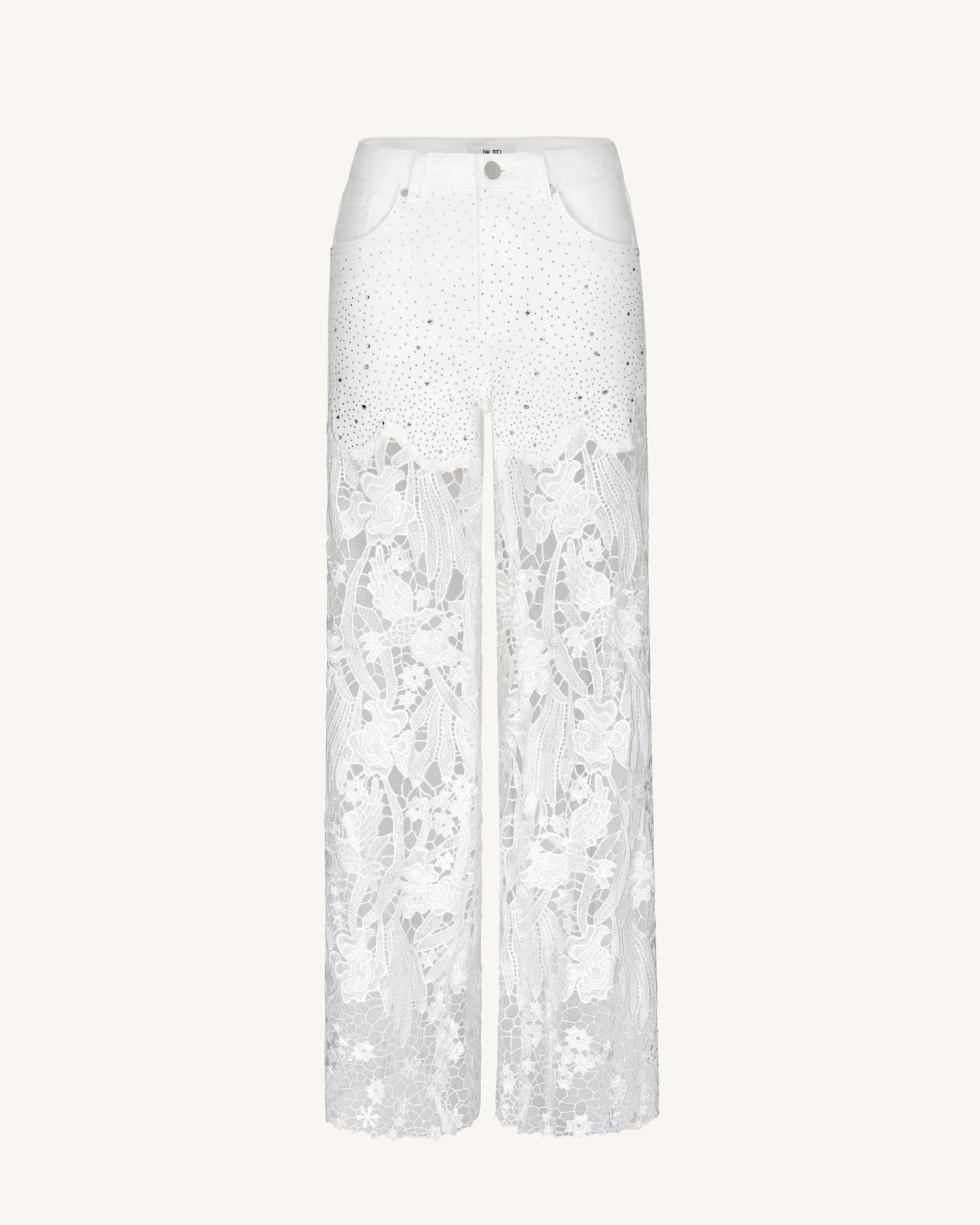 자수 레이스 장식과 큐빅이 더해진 하이웨이스트 와이드 핏 화이트 데님 진