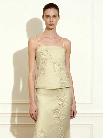 린넨 코디드 자수 스트랩 캐미솔 - 내추럴