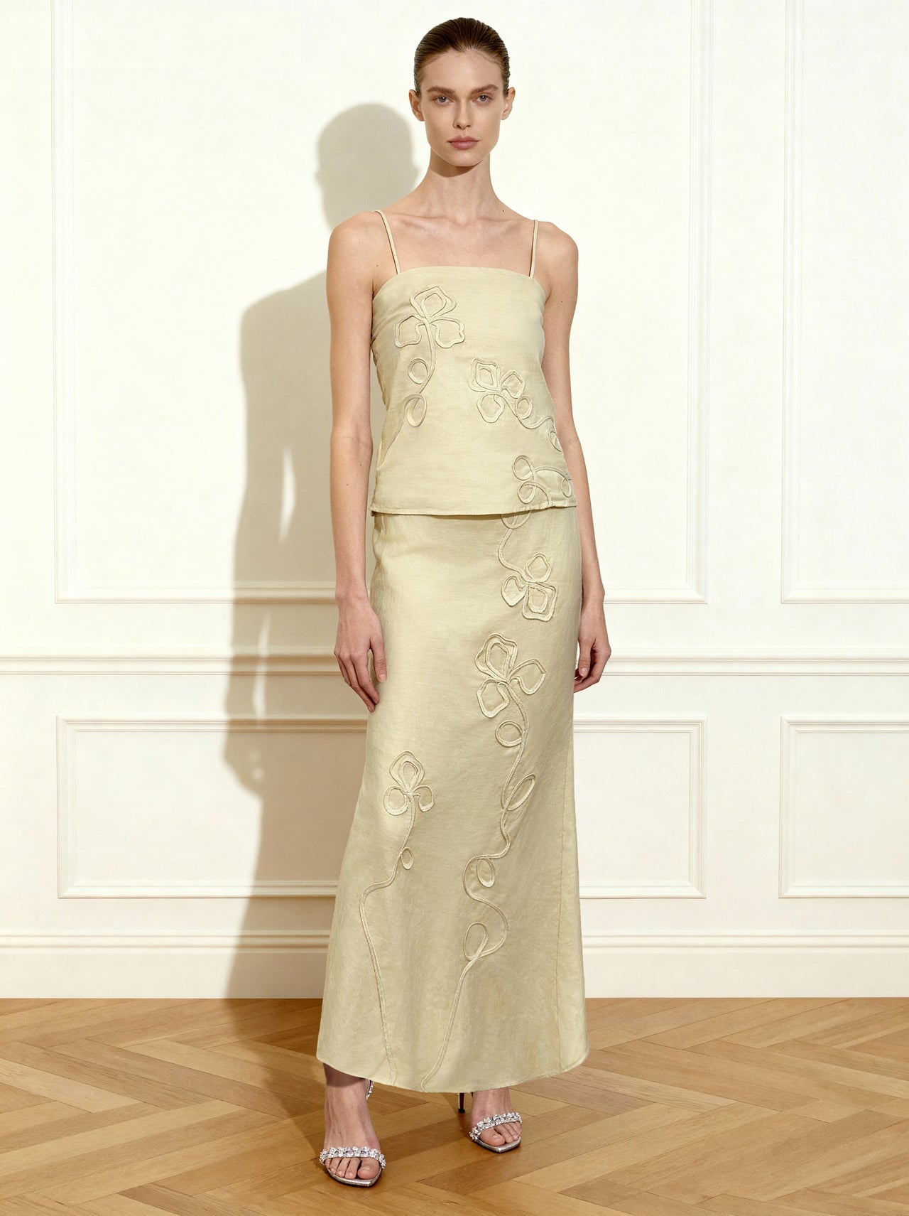 린넨 코디드 자수 맥시 스커트 - 내추럴