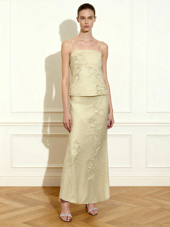 린넨 코디드 자수 맥시 스커트 - 내추럴