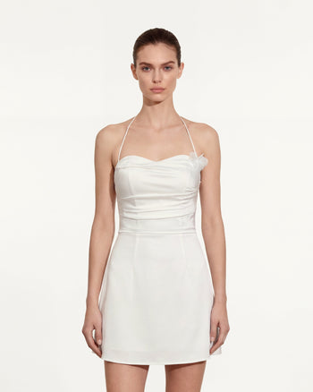 플로럴 셔링 홀터 미니 드레스 - 화이트