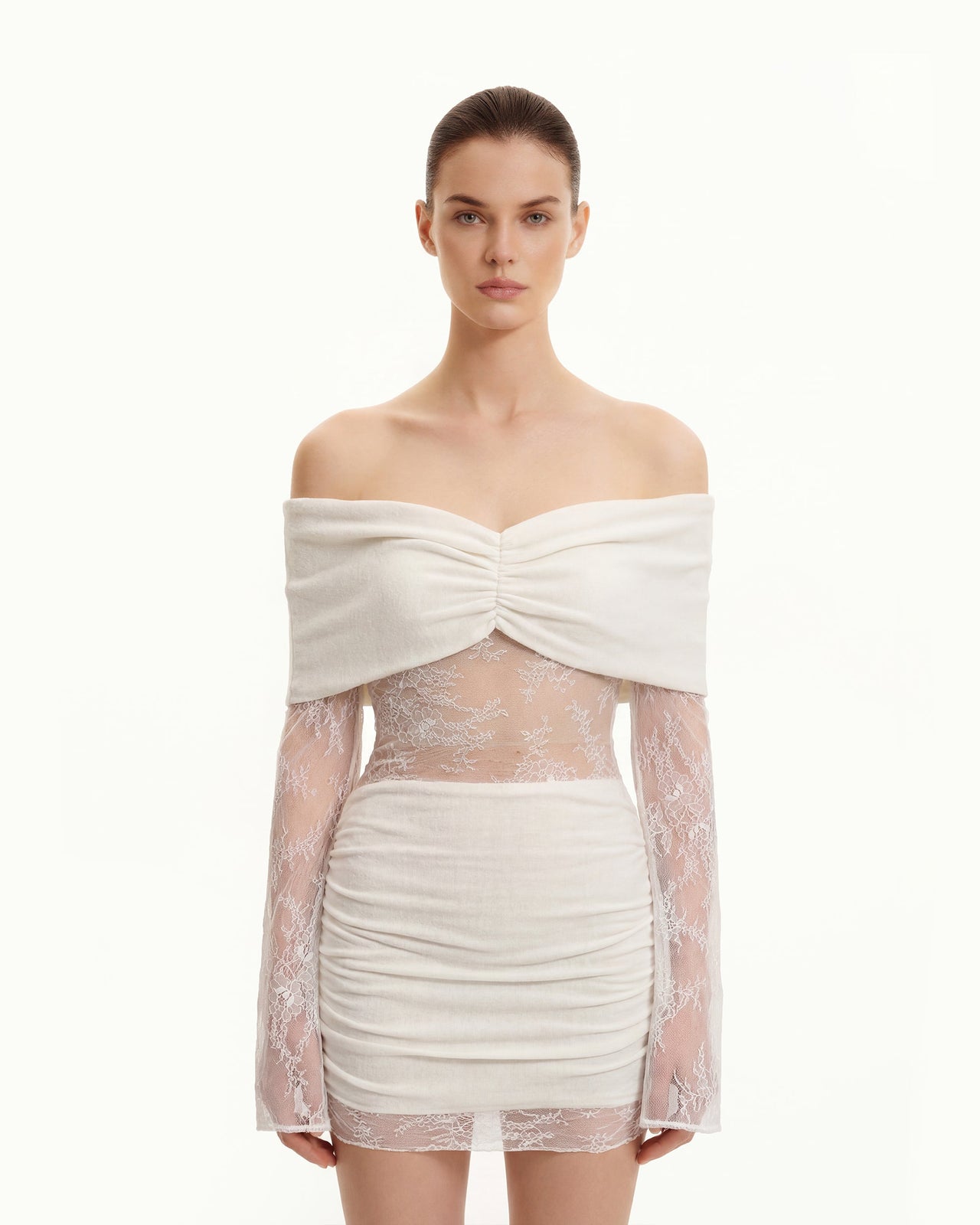 오프 숄더 러플 레이스 소매 미니 드레스 - 화이트