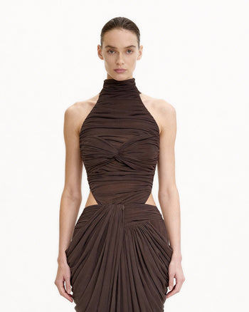 러플 트위스트 프론트 홀터 바디수트 - 브라운