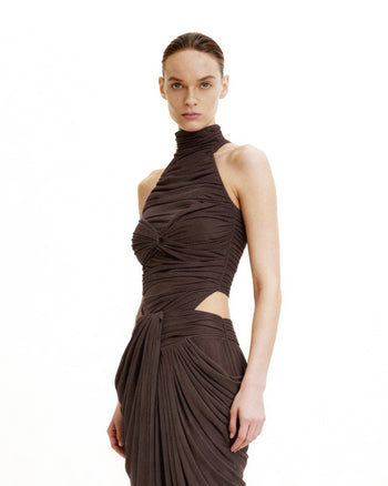 러플 트위스트 프론트 홀터 바디수트 - 브라운