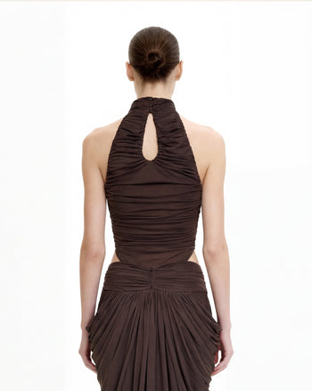 러플 트위스트 프론트 홀터 바디수트 - 브라운