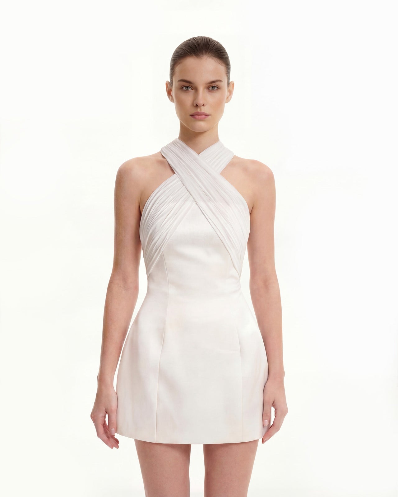 튤 크로스 홀터 새틴 미니 드레스 - 화이트