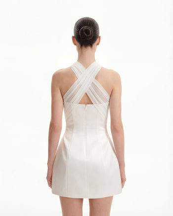 튤 크로스 홀터 새틴 미니 드레스 - 화이트