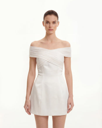 튤 크로스 홀터 새틴 미니 드레스 - 화이트