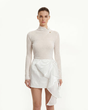 메탈 버튼 디테일 텍스처 하이넥 니트 탑 - 화이트