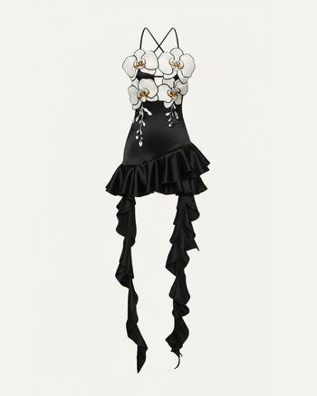 오키드 자수 러플 헴 미니 드레스 - 블랙