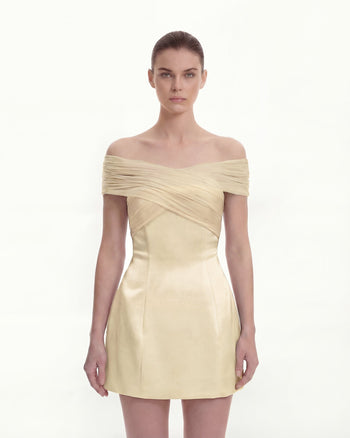 튤 크로스 홀터 새틴 미니 드레스 - 옐로우