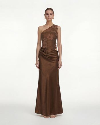 플로럴 원숄더 새틴 드레스 - 브라운