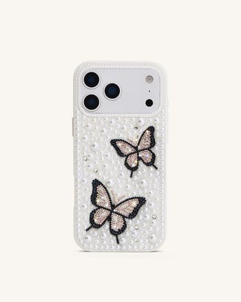 Butterfly 진주 장식 폰 케이스 - 화이트