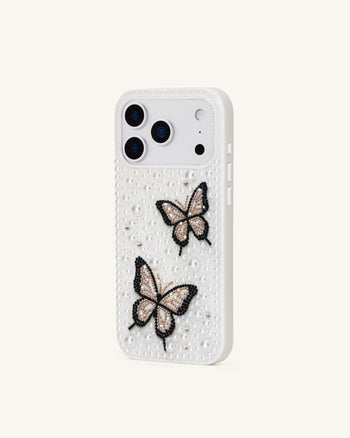 Butterfly 진주 장식 폰 케이스 - 화이트