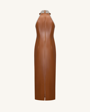 주얼 장식 하이넥 홀터 맥시 드레스 - 카라멜 브라운