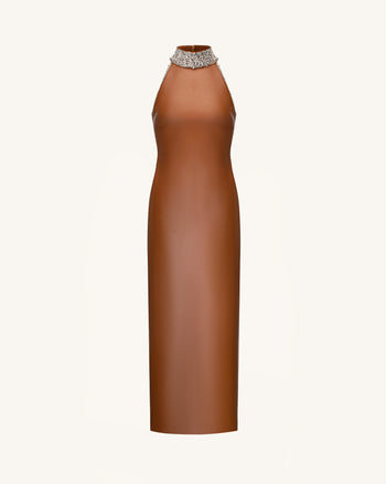 주얼 장식 하이넥 홀터 맥시 드레스 - 카라멜 브라운