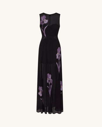시어 플로럴 프린트 패널드 맥시 원피스 - 블랙