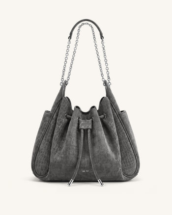 Rowan 인조 스웨이드 드로스트링 체인 버킷백 - 스모그 그레이 크록