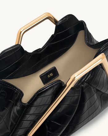 Lila 페이크 악어 효과 메탈 프레임 클러치 - 블랙