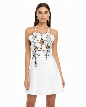 오키드 자수 홀터넥 미니 드레스 - 화이트