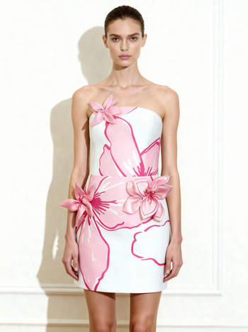 핑크 플로럴 아플리케 장식 미니 드레스 - 화이트/핑크