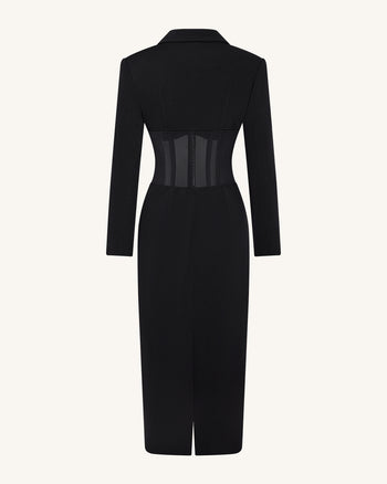 시스루 보닝 코르셋 웨이스트 블레이저 맥시 드레스 - 블랙