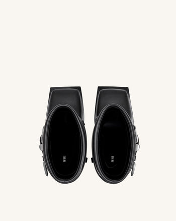 Emilia 웨스턴 버클 가죽 스틸레토 부츠 - 블랙