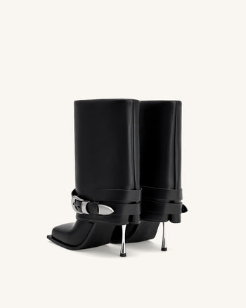 Emilia 웨스턴 버클 가죽 스틸레토 부츠 - 블랙