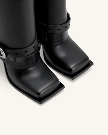 Emilia 웨스턴 버클 가죽 스틸레토 부츠 - 블랙