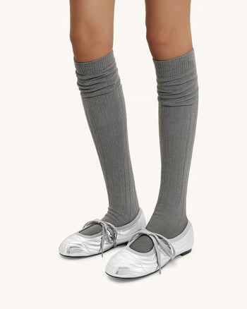 Erika 탑스티칭 레이스업 발레 플랫 - 실버