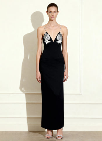 Ayliua 스윗하트 넥라인 라인스톤 장식 블랙 롱 드레스 - 블랙