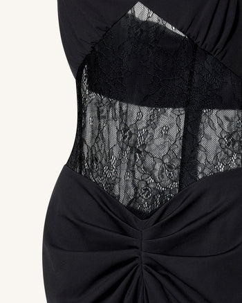 셔링 레이스 패널 맥시 드레스 - 블랙